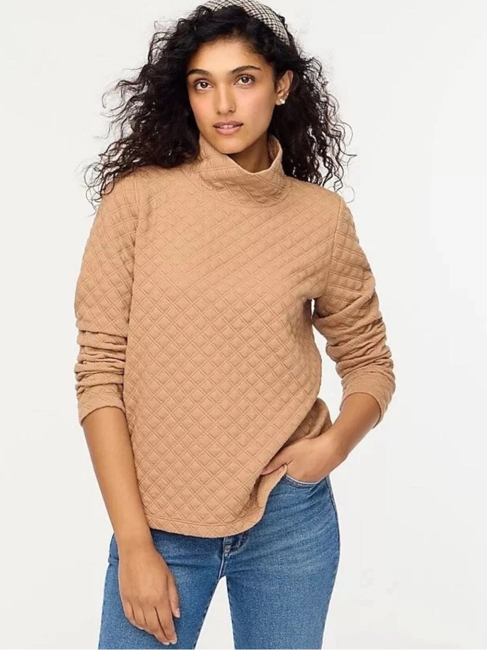 J.Crew Quilted Mockneck Pullover Sweater Camel Tan XS